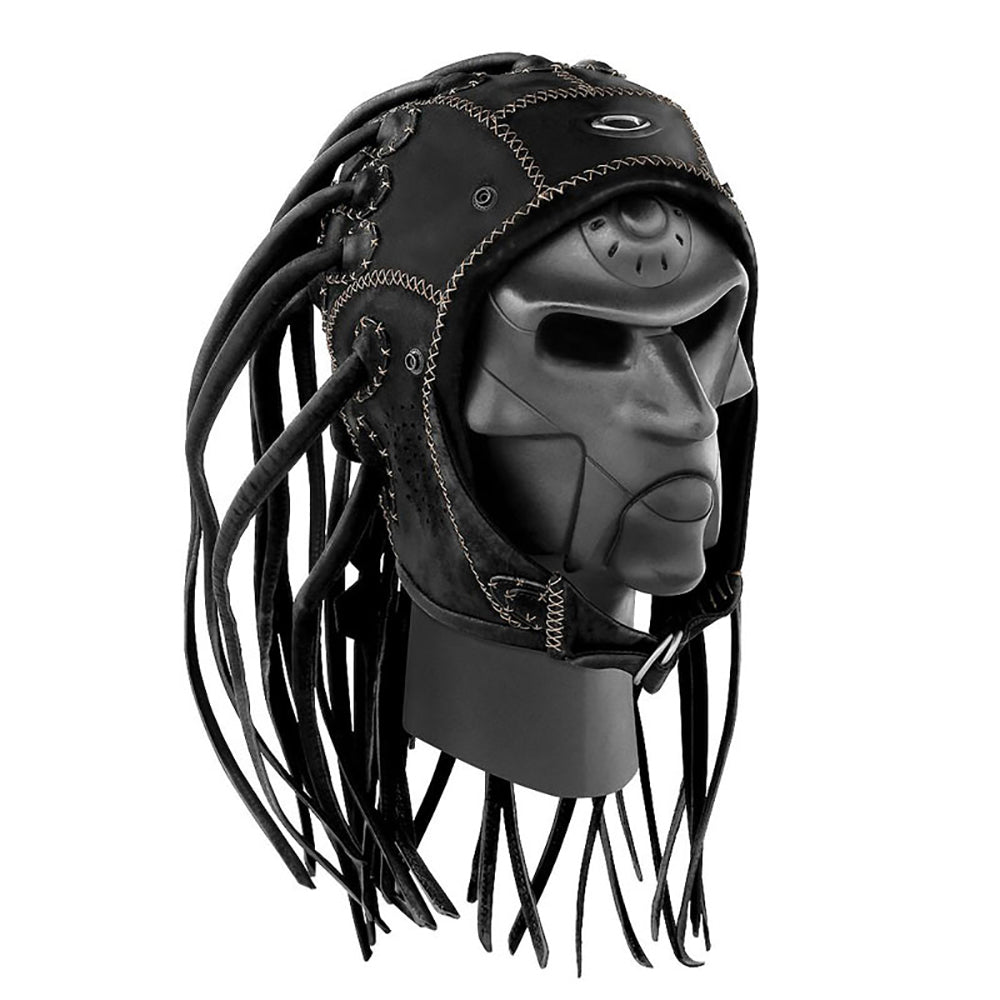A black leather cosplay mask with stitched detailing and long, tentacle-like extensions hanging down the sides, resembling a futuristic or sci-fi character design.