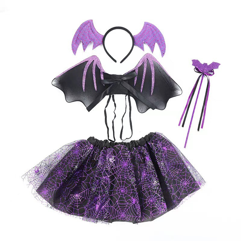 Purple and black bat-themed costume set includes glittery bat wings, a headband with bat ears, a tutu skirt with web design, and a wand with ribbons.
