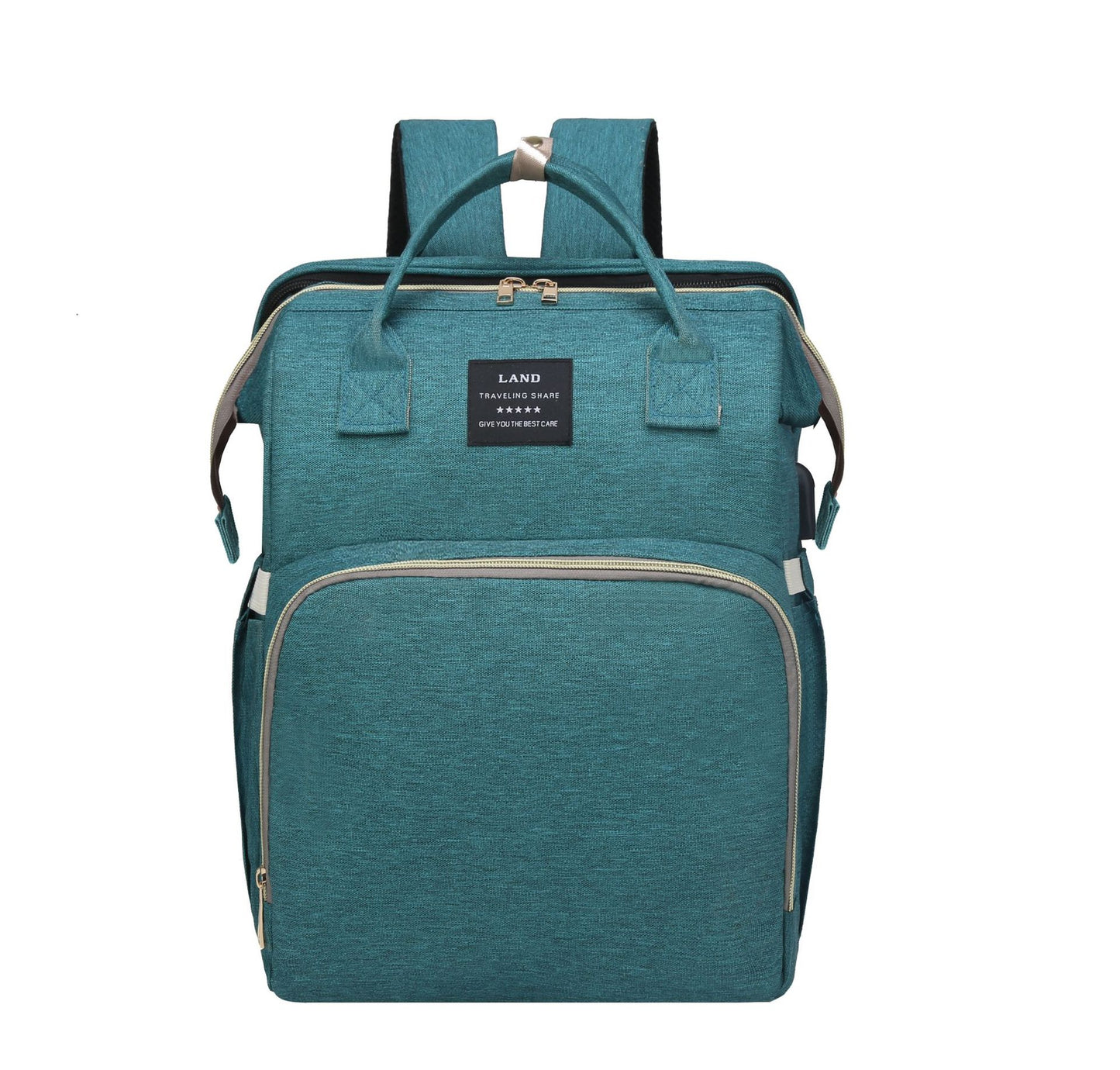 Teal backpack with a front zip pocket, carrying handle, and adjustable shoulder straps. Features a label with text. Suitable for travel or day-to-day use.