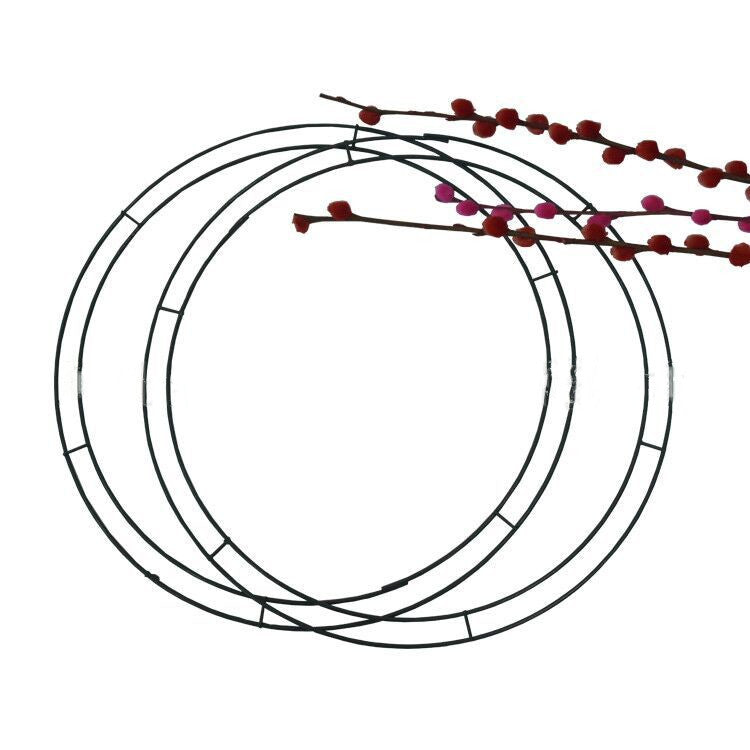 Two overlapping metal rings with intersecting bars hold branches adorned with red and pink berries, set against a white background, forming a minimalistic decorative piece.
