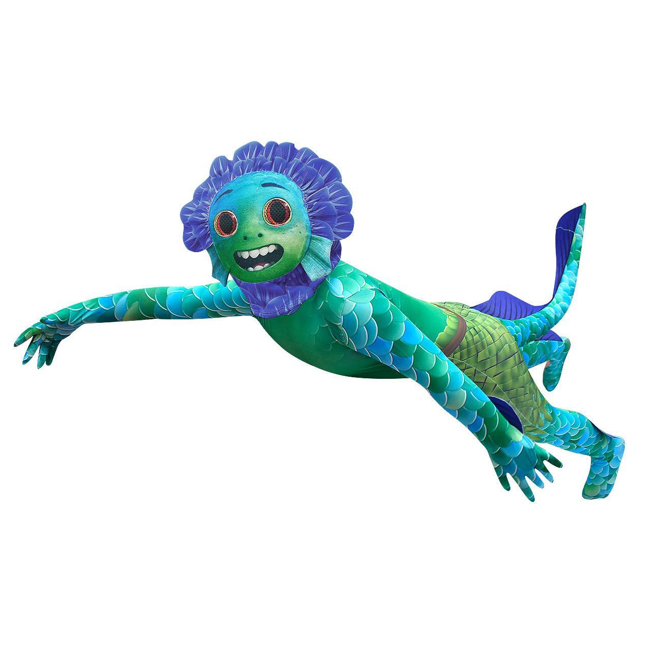 Colorful animated character with a fish-like body, scales, and a wide smile, depicted swimming. The character has big eyes and a purple frill around its head.