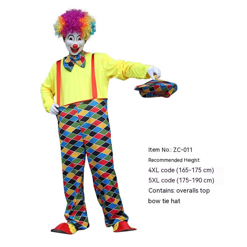 Clown wearing colorful wig, yellow shirt, and diamond-patterned overalls holds matching hat. Text displays item details: ZC-011, sizes 4XL-5XL, includes hat and bow tie.