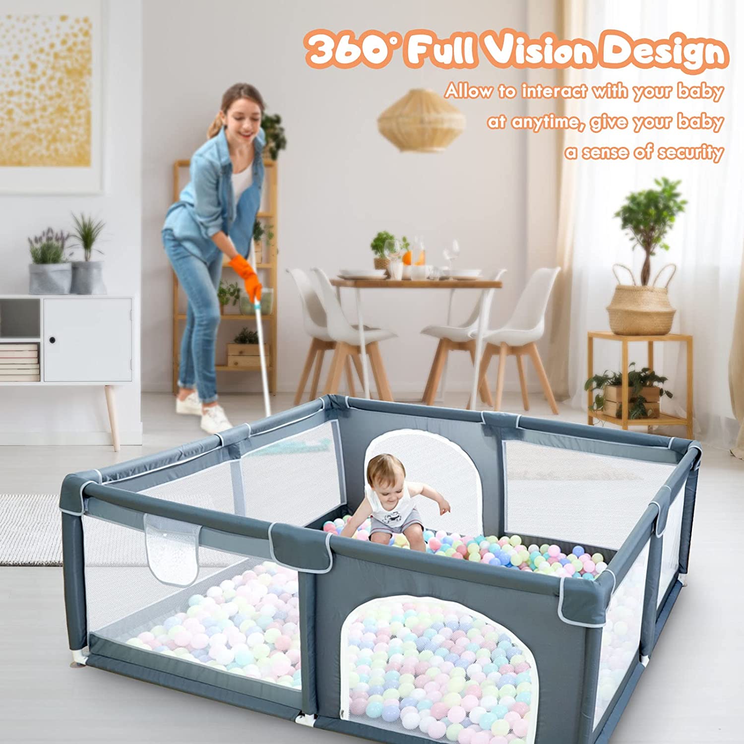 A woman vacuums in a modern, tidy room while a child plays in a grey playpen filled with colorful balls. The playpen features a 360-degree full vision design.