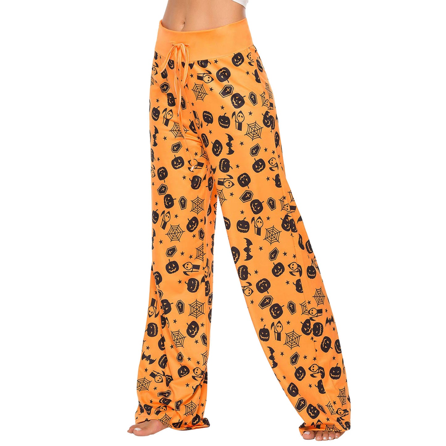 Orange pants with a Halloween theme, featuring black illustrations of pumpkins, bats, spiders, and webs. A drawstring waist complements the wide-leg design.