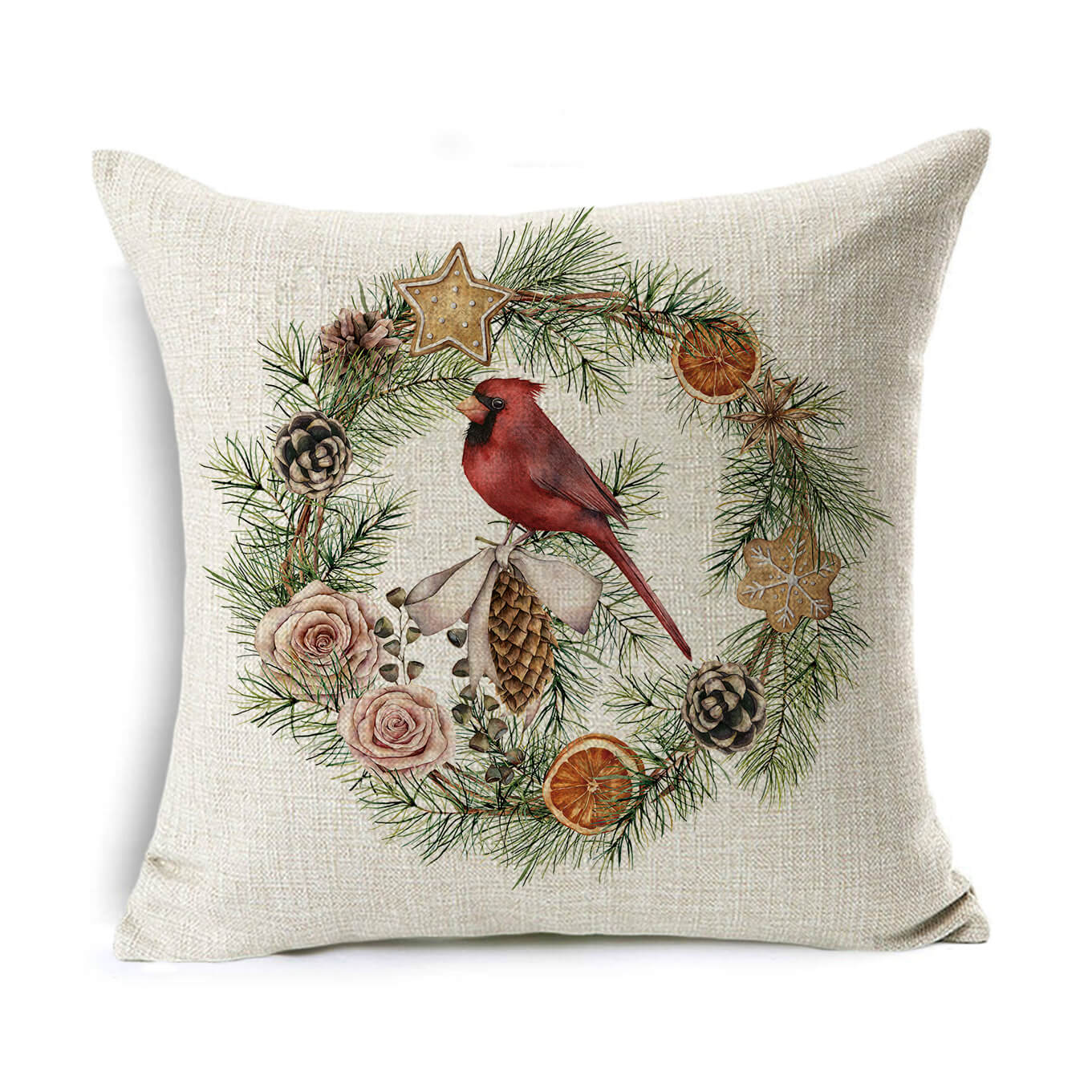 Decorative pillow with a festive wreath design featuring a red cardinal, pinecones, dried orange slices, and pink roses on a textured beige fabric.