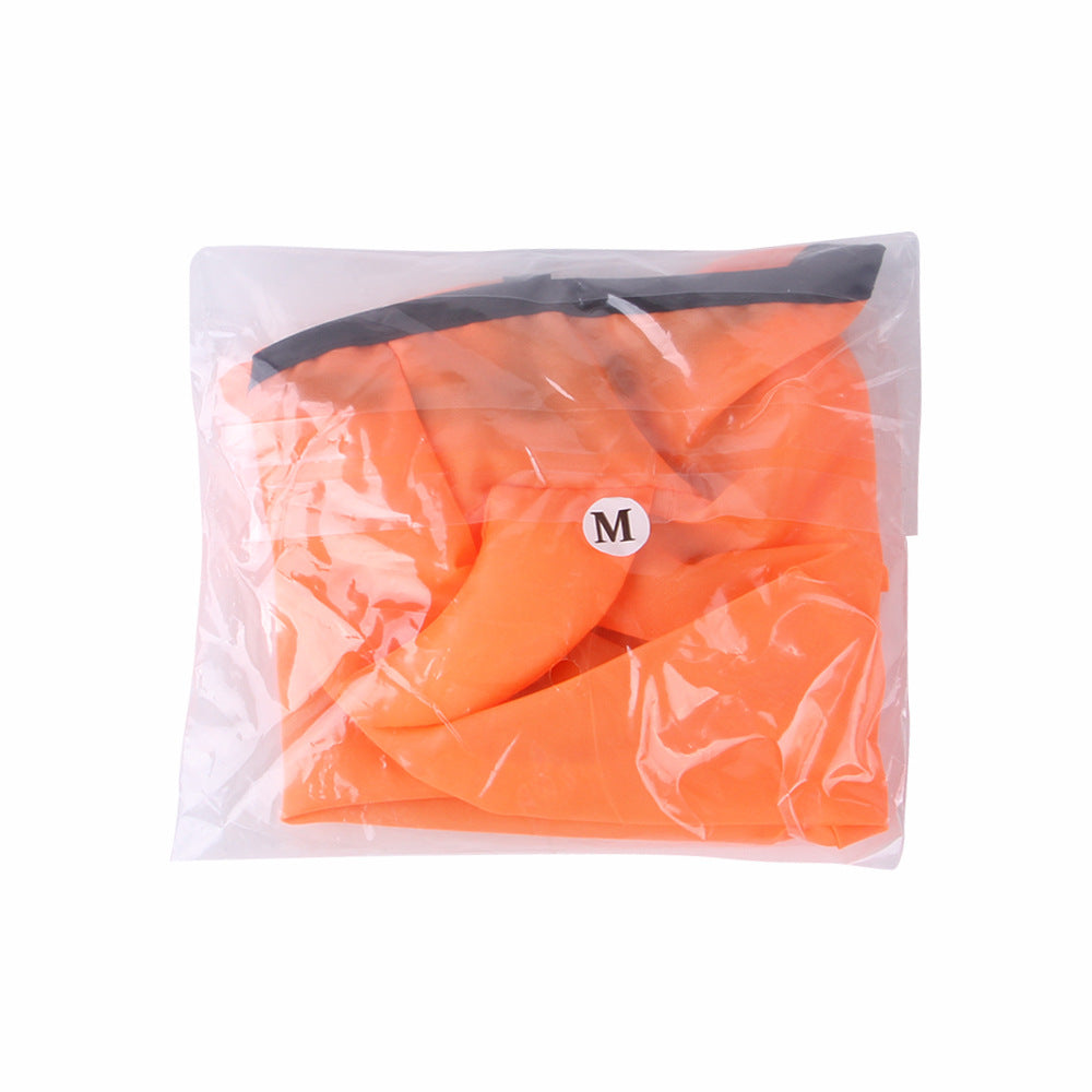 Clear plastic bag containing an orange garment, visible size label "M" on the front. The bag is sealed with a black strip at the top.