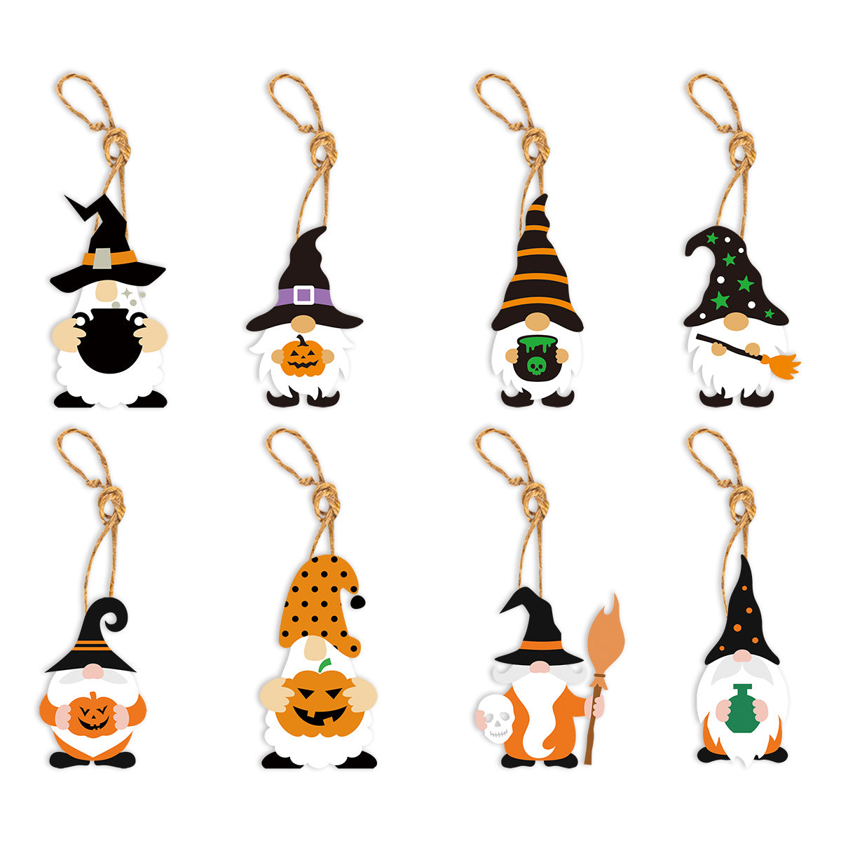 Eight Halloween-themed gnome ornaments are arranged in two rows. Each gnome features unique elements: witches' hats in black, orange, and green, holding items like pumpkins, cauldrons, and brooms. They have rustic hanging loops, combining festive Halloween motifs with whimsical gnome designs.