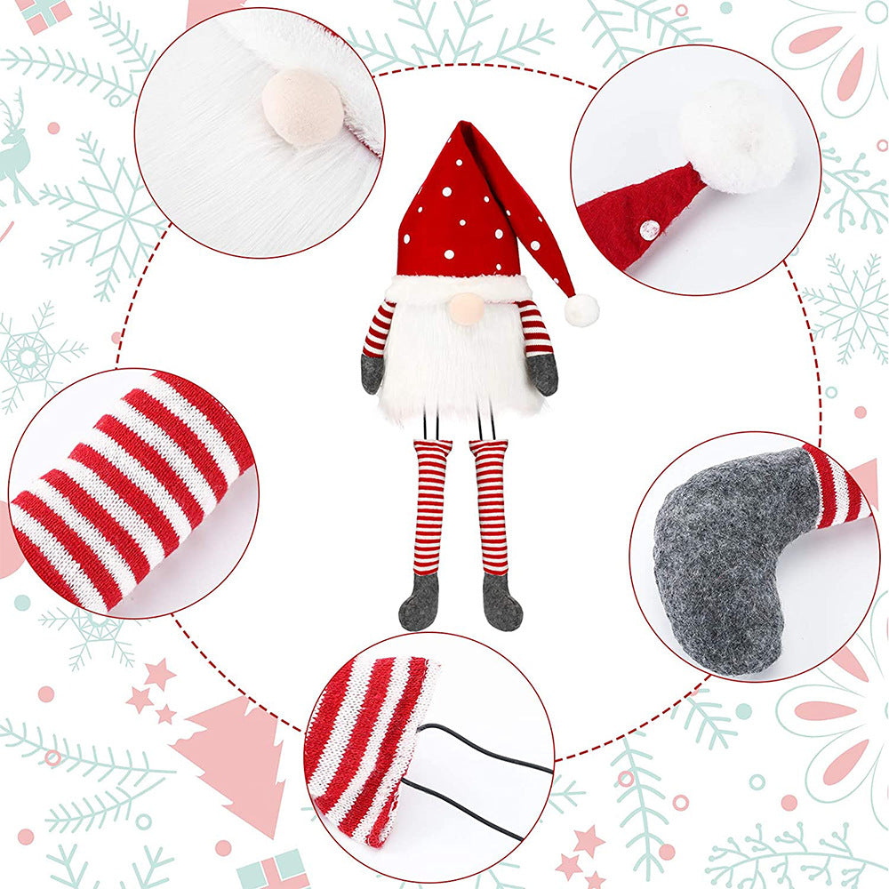 Holiday-themed gnome doll with a red and white polka dot hat, striped red and white sleeves and legs, gray mittens, and a fluffy white beard. Close-up details shown in circular frames.