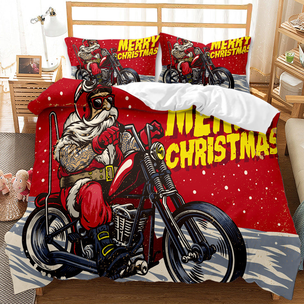 Santa Claus rides a motorcycle in a snowy scene printed on a vibrant red duvet set. "Merry Christmas" is written boldly. The room has a cozy, festive atmosphere.