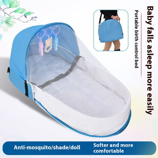 Portable baby bed with blue canopy, mosquito net, and hanging toys. Features anti-mosquito protection and foldable design. Text: "Baby falls asleep more easily" and "Softer and more comfortable."