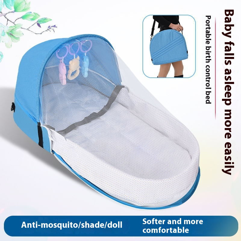 Portable baby bed with blue canopy and netting, featuring hanging toys. Text highlights ease of sleep, anti-mosquito design, and comfort. Inset shows bed folded for transport.