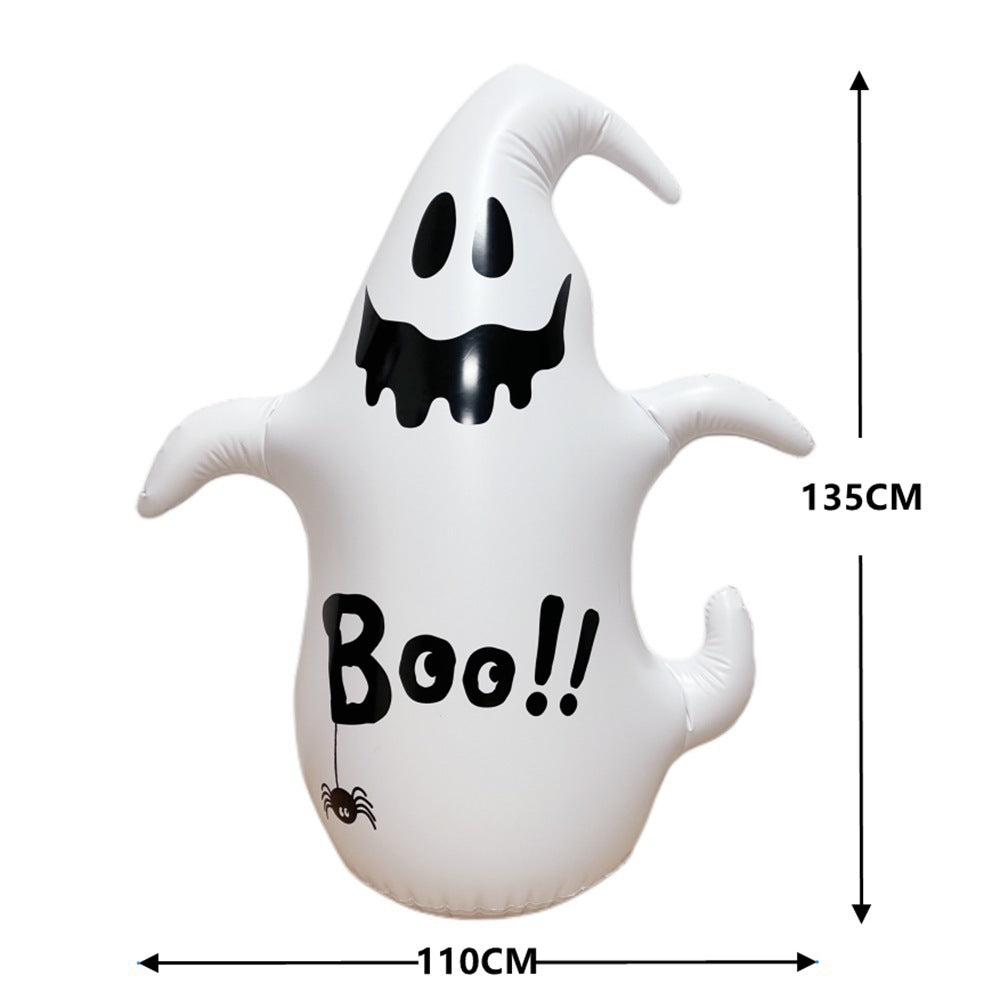 Inflatable ghost decoration with cartoonish eyes and a dripping mouth, marked with "Boo!!" and a small spider graphic. Dimensions are 135cm height and 110cm width.