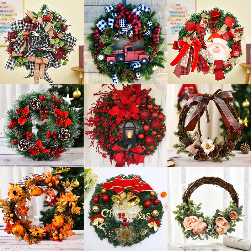A collage of nine festive wreaths, each featuring different decorations like plaid bows, red trucks, Santas, poinsettias, pinecones, sunflowers, ornaments, and floral arrangements.