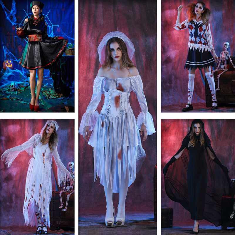 Five people in elaborate Halloween costumes pose against eerie backdrops. Outfits include a dark robe, blood-splattered gowns, a harlequin dress, and vampire-like attire with dramatic makeup.
