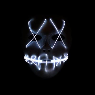 A mask with glowing neon lines, featuring crossed X-shaped eyes and a stitched mouth design, illuminated against a dark background.