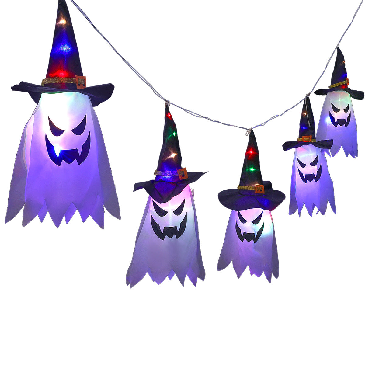 String of glowing ghost lights wearing witch hats, featuring colorful LED illumination and spooky grins, suitable for Halloween decoration.