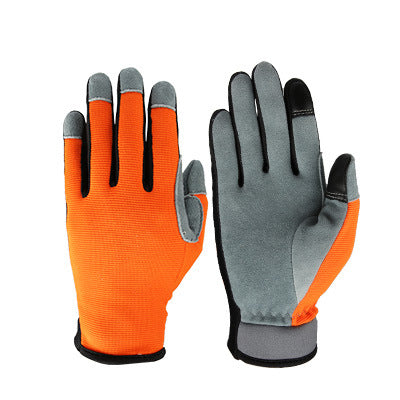 Pair of work gloves with bright orange on the back and gray on the palms. The gloves feature black trim on the fingers and wrists.