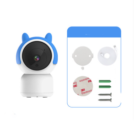 White and blue camera with ear-like features next to installation accessories, including a mounting plate, USB cable, adhesive pad, wall anchors, and screws.