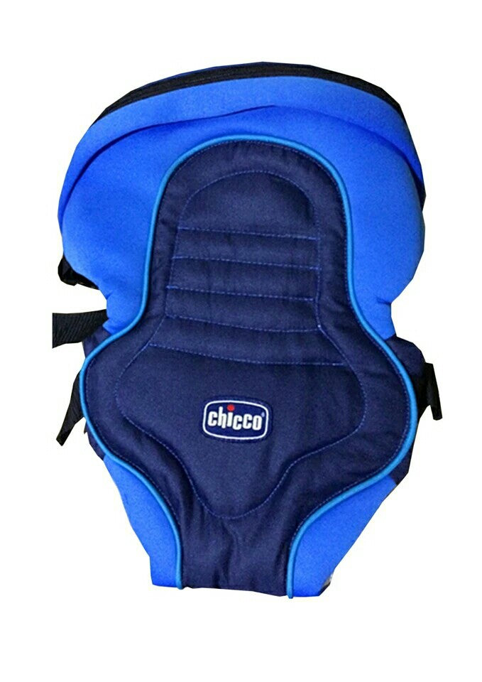 A blue and dark navy baby carrier with adjustable straps and padded back support. The Chicco logo is displayed on the front.