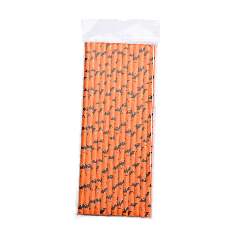 A pack of orange Halloween-themed paper straws with black bat patterns, encased in a clear plastic sleeve.