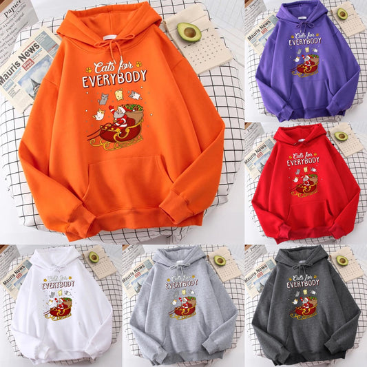 Collage of six hoodies in orange, purple, red, white, gray, and dark gray, each featuring a cartoon Santa cat in a sleigh with cats, and the text "Cats for Everybody."