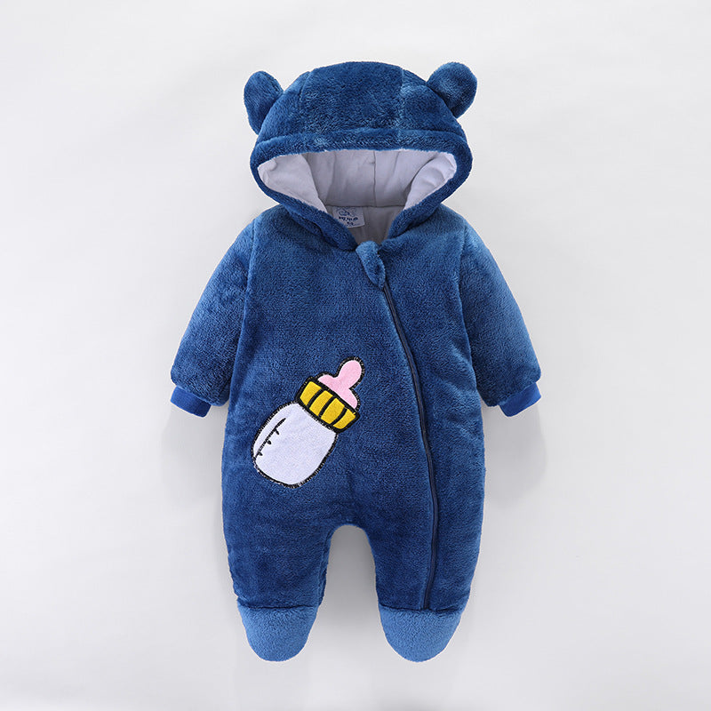 A soft blue infant jumpsuit with a hood featuring bear ears and a front zipper. It has a cute embroidered baby bottle design on the chest against a plain white background.