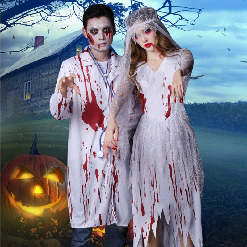 A spooky couple in blood-stained costumes poses in front of a haunted house and glowing jack-o'-lantern, set against a dark, eerie sky.