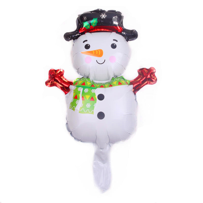 Festive snowman balloon wearing a black hat with snowflakes, a green scarf with red and white patterns, red mittens, an orange carrot nose, and a smiling face.