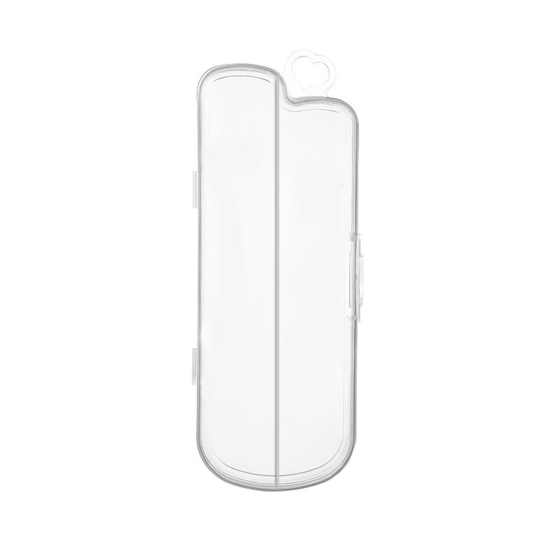 Transparent, rectangular eyeglass case with a heart-shaped loop at the top. The case is divided into two compartments and appears to be made of a lightweight plastic material.