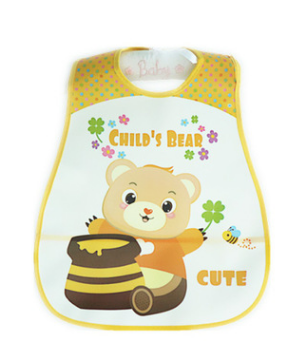 Yellow bib featuring a cartoon bear holding honey, surrounded by colorful flowers and a bee. Text reads "Child's Bear" at the top and "Cute" at the bottom.