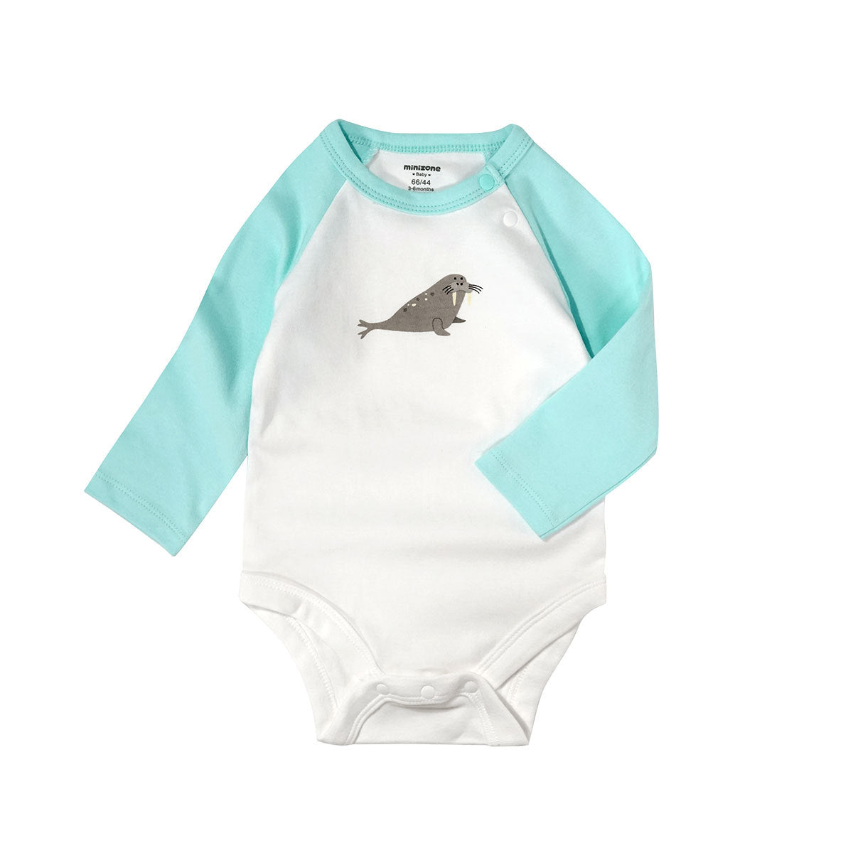 Baby onesie with turquoise long sleeves and a walrus graphic on the front. The main body is white, featuring snap buttons at the bottom for easy fastening.