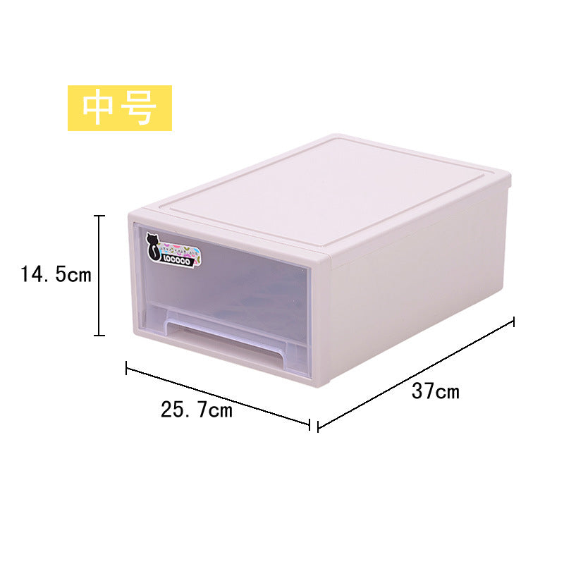 White plastic storage box with dimensions 14.5 cm height, 25.7 cm width, and 37 cm depth. Features a clear drawer front with a cat-themed sticker labeled "100000".
