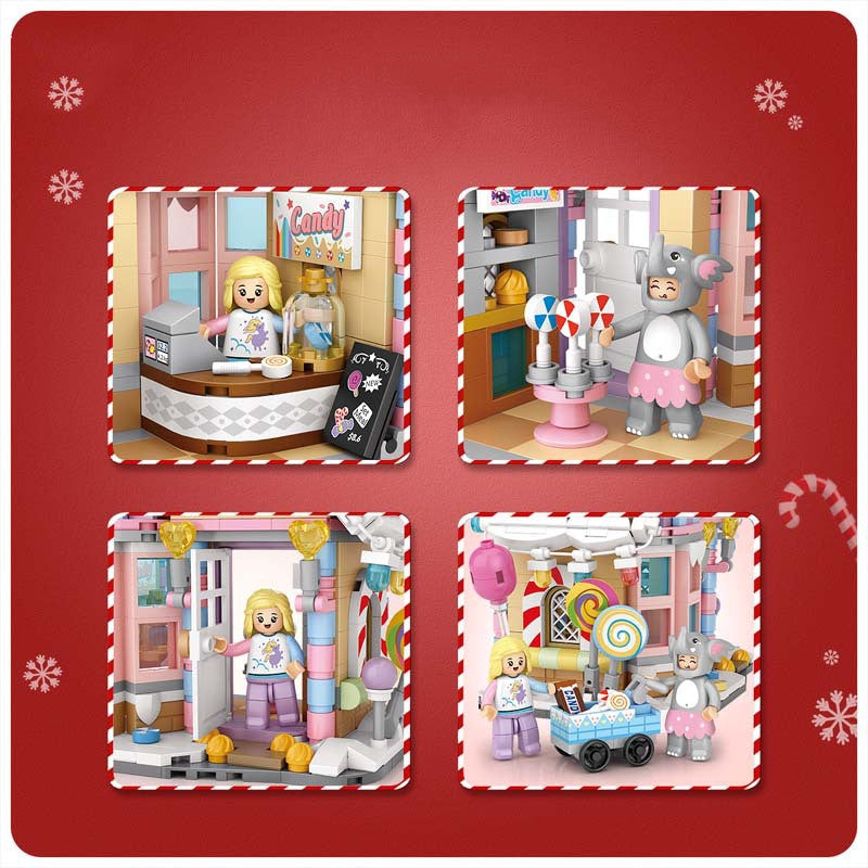 Four LEGO scenes on a red background: a candy shop counter, a figure in an elephant costume with lollipops, a girl entering a shop, and two figures with a candy cart.