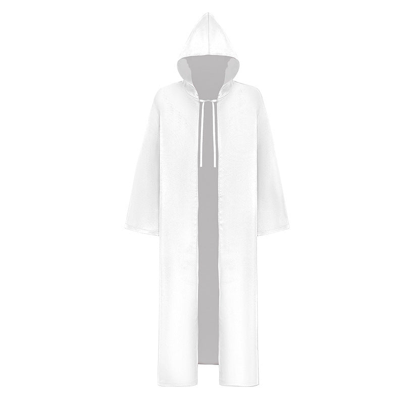 White hooded robe with a simple front tie closure, long sleeves, and an open front design. The robe is displayed on a plain gray background, emphasizing its clean and minimalist style.