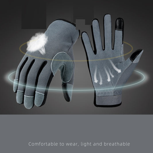 Gray breathable gloves with black accents, showcased against a dark background. One glove displays airflow graphics, highlighting its comfort and lightweight properties. Text: "Comfortable to wear, light and breathable."