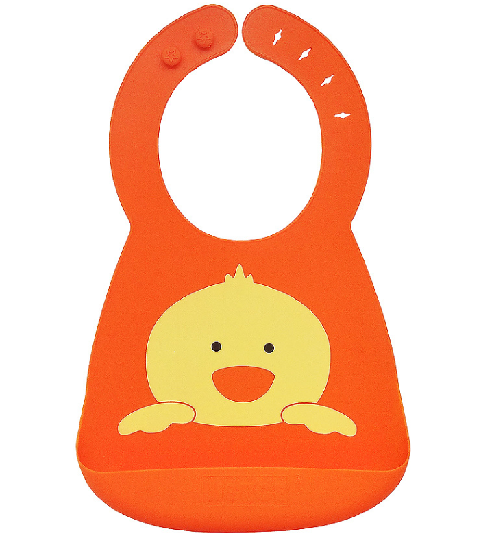 Bright orange silicone bib with a cute yellow duck design. Features two star-shaped buttons for fastening at the neck and rounded edges for catching spills.
