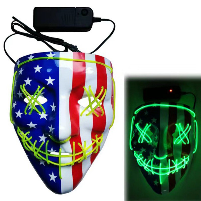 LED mask with a USA flag design, decorated with neon green stitching over the eyes and mouth. Includes an attached battery pack. Glow effect shown to the right.