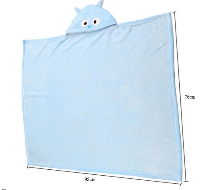 Light blue hooded towel with cute face, measuring 92cm wide and 76cm tall. The hood has pointed ears and big eyes, adding a playful touch.