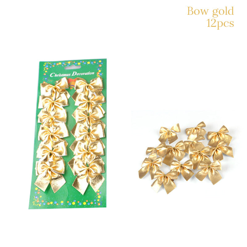 A package of 12 gold Christmas bows on a green backing, labeled "Christmas Decoration." The bows are shiny and arranged neatly on the left, with a cluster on the right.