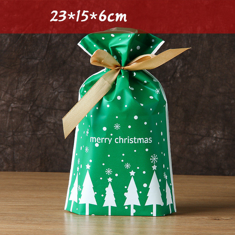 Green Christmas gift bag with white tree and snowflake design, tied with a gold ribbon. It measures 23x15x6 cm and has "merry christmas" text on the front, set on a wooden table.