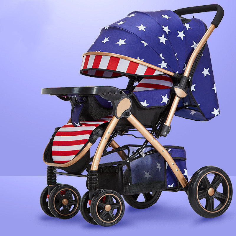 Patriotic-themed stroller with a canopy and seat featuring stars and stripes. The frame is gold, set against a light purple background. Four wheels offer stability.