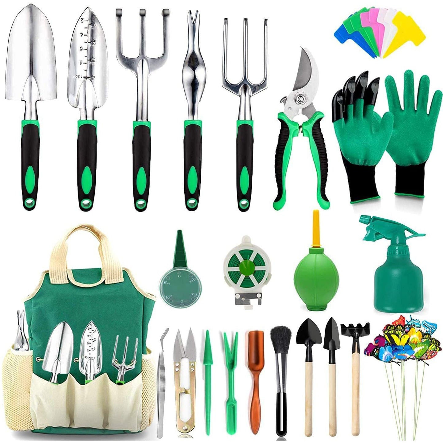 Gardening tool set with trowels, pruners, gloves, spray bottle, and more. Includes green bag with tools, plant tags, and decorative butterfly stakes.