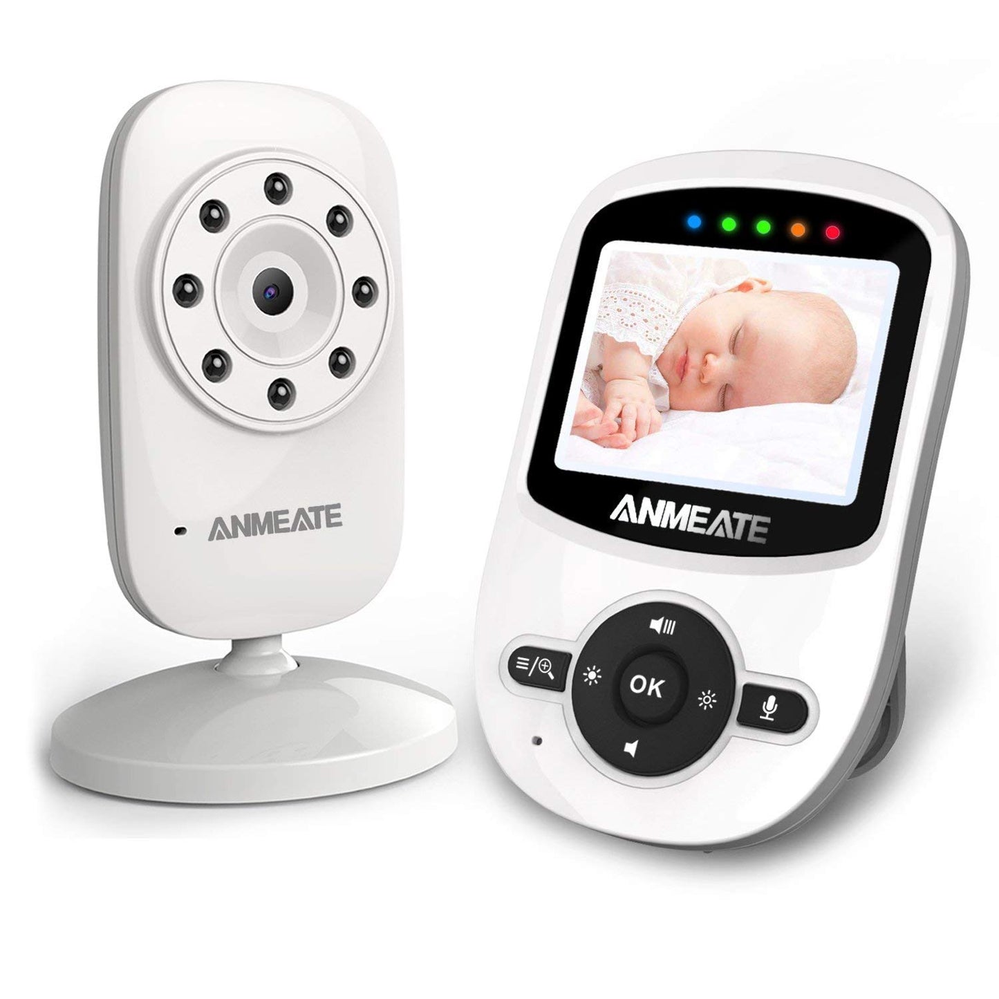 Baby monitor set featuring a white camera and handheld parent unit with screen. The screen displays a sleeping baby. Control buttons are visible below the screen.
