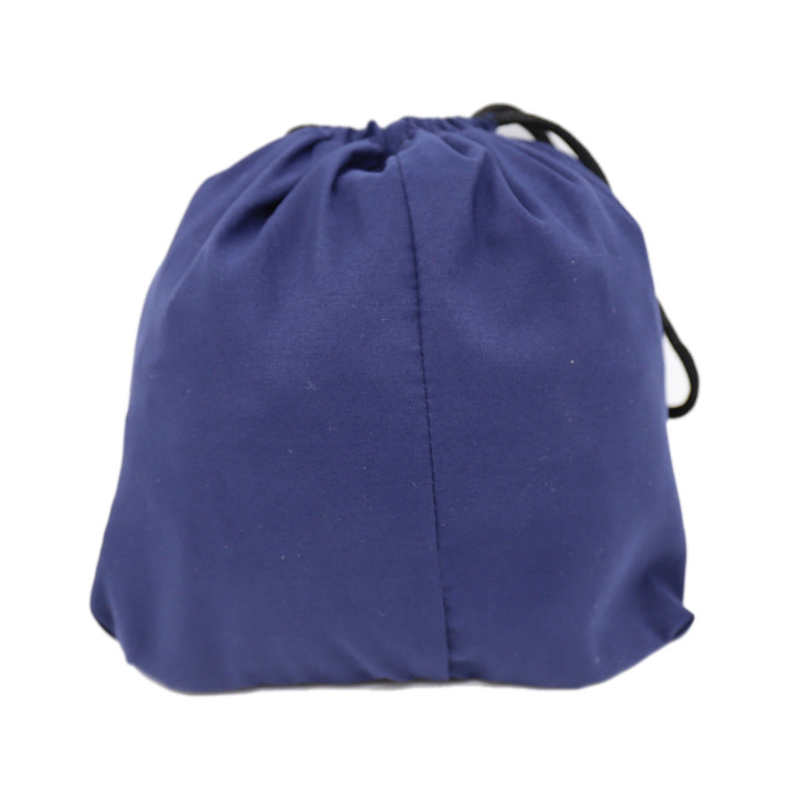 A navy blue drawstring bag closed at the top, featuring a simple, smooth fabric with a visible seam down the middle. Black drawstrings are partially visible at the top.