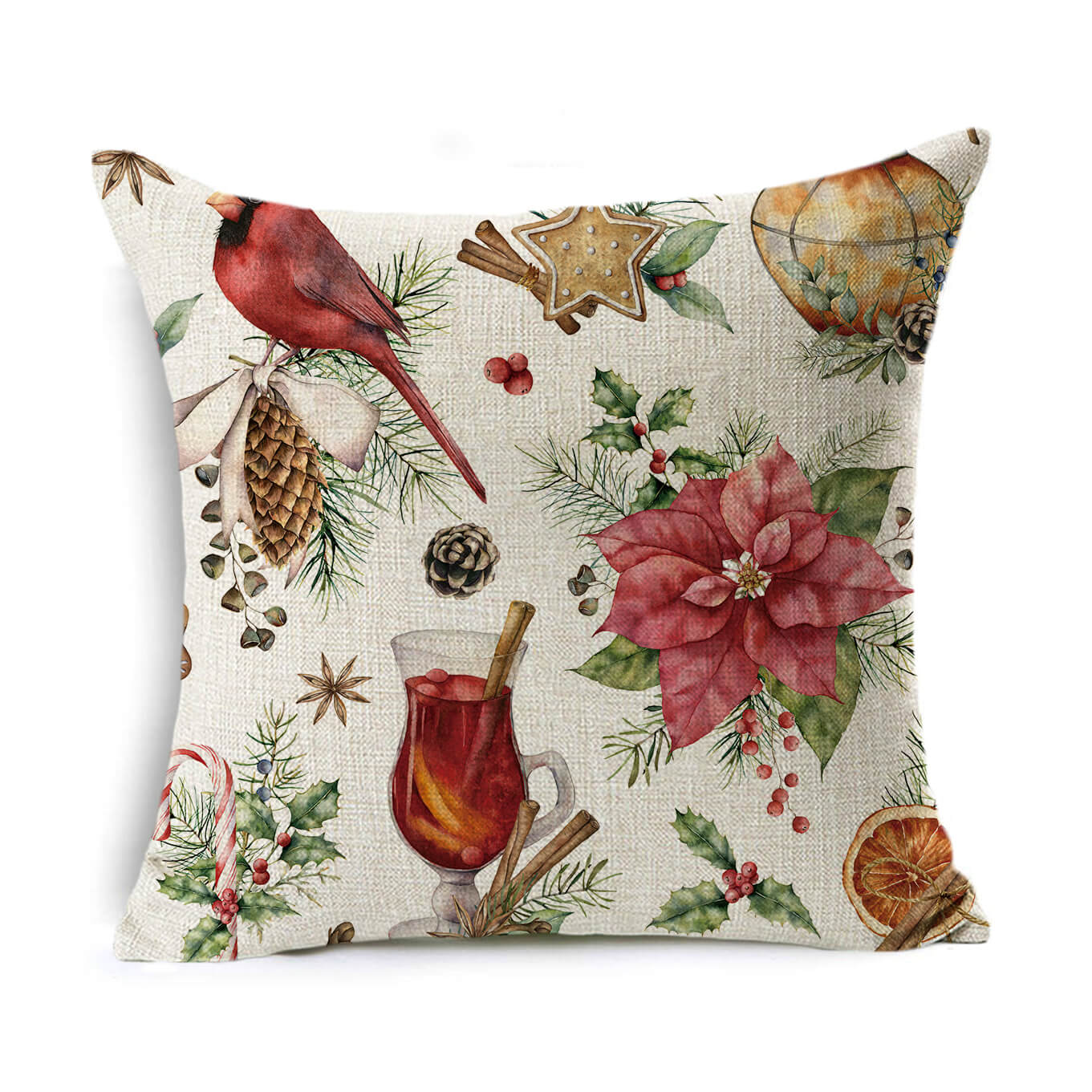 Festive pillow with a Christmas pattern featuring a cardinal, poinsettia, mulled wine, pinecones, gingerbread, holly, candy cane, and dried orange on a beige background.