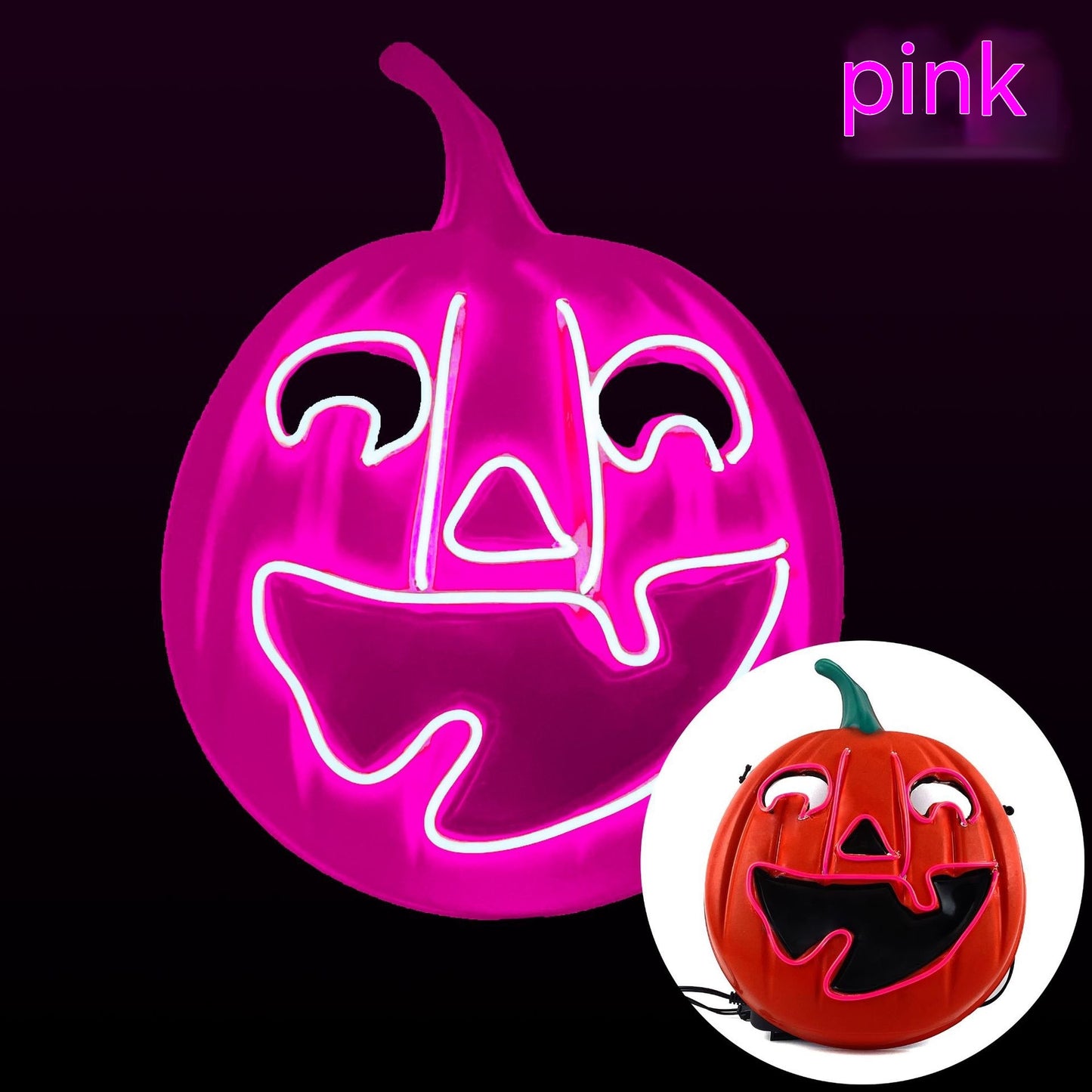 Glowing pink jack-o'-lantern neon sign with a happy face on a dark background. Inset shows the same design in traditional orange with a green stem, labeled "pink."