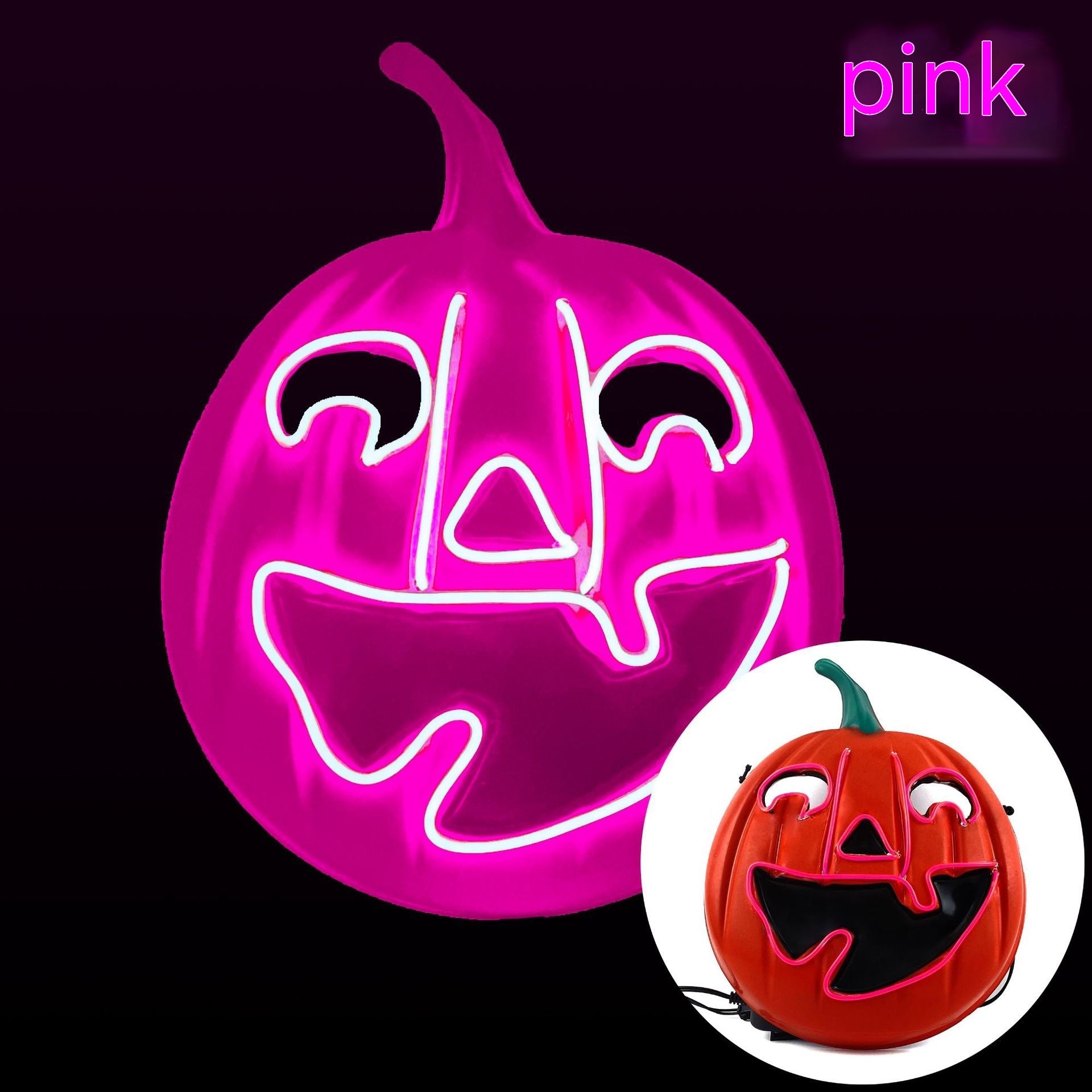Glowing pink jack-o'-lantern neon sign with a happy face on a dark background. Inset shows the same design in traditional orange with a green stem, labeled "pink."