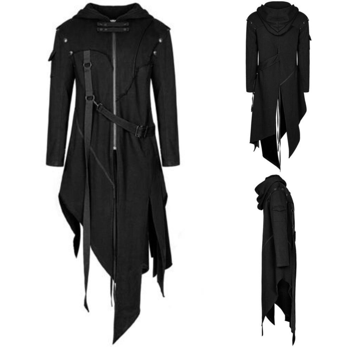 Black gothic coat with asymmetrical hem, hood, and buckle strap. Front features a zipper and decorative stitching. Side and back views show layered fabric detail.