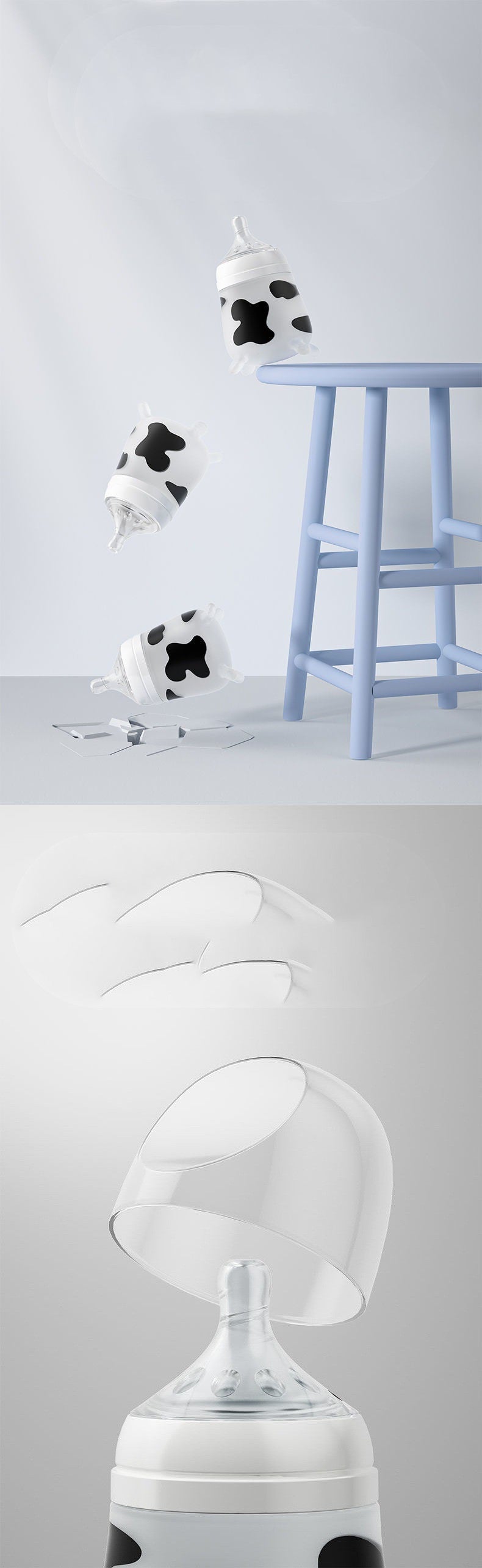 A cow-patterned baby bottle tips off a light blue stool, captured mid-fall. The image highlights the bottle's details, including its clear nipple and protective cap.