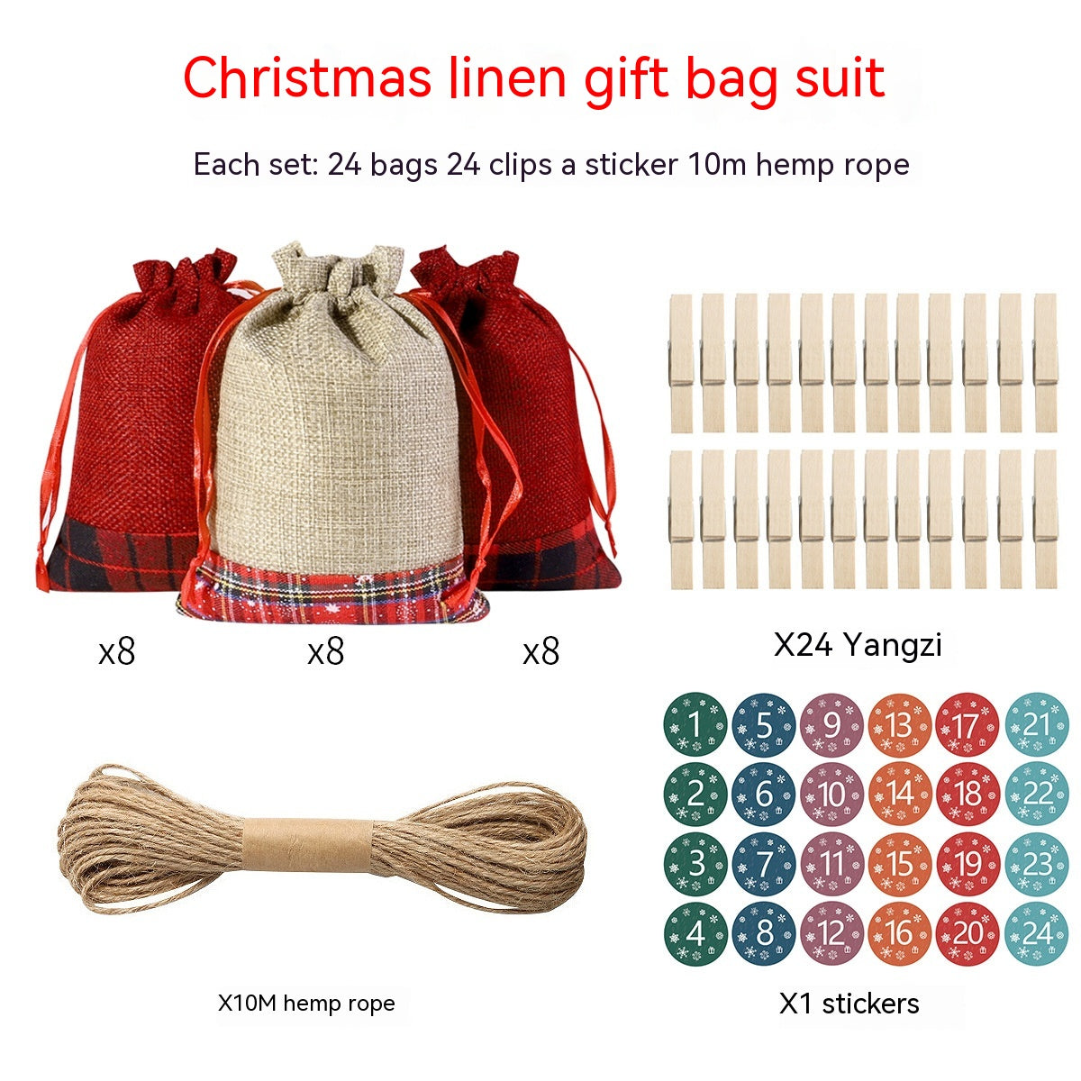 Christmas linen gift bag set with 24 bags in red and beige, 24 wooden clips, a 10m hemp rope, and 24 colorful date stickers, ideal for holiday gifting and decoration.